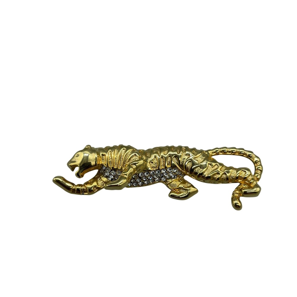 Vintage Gold Tone Rhinestone‎ Tiger Brooch Prowling Big Cat Animal Pin 3 Inch
